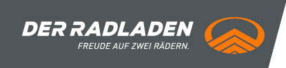 Logo von Radladen Bamberg. Schriftzug in weiß, mit grauem Hintergrund und orangenem Signet.